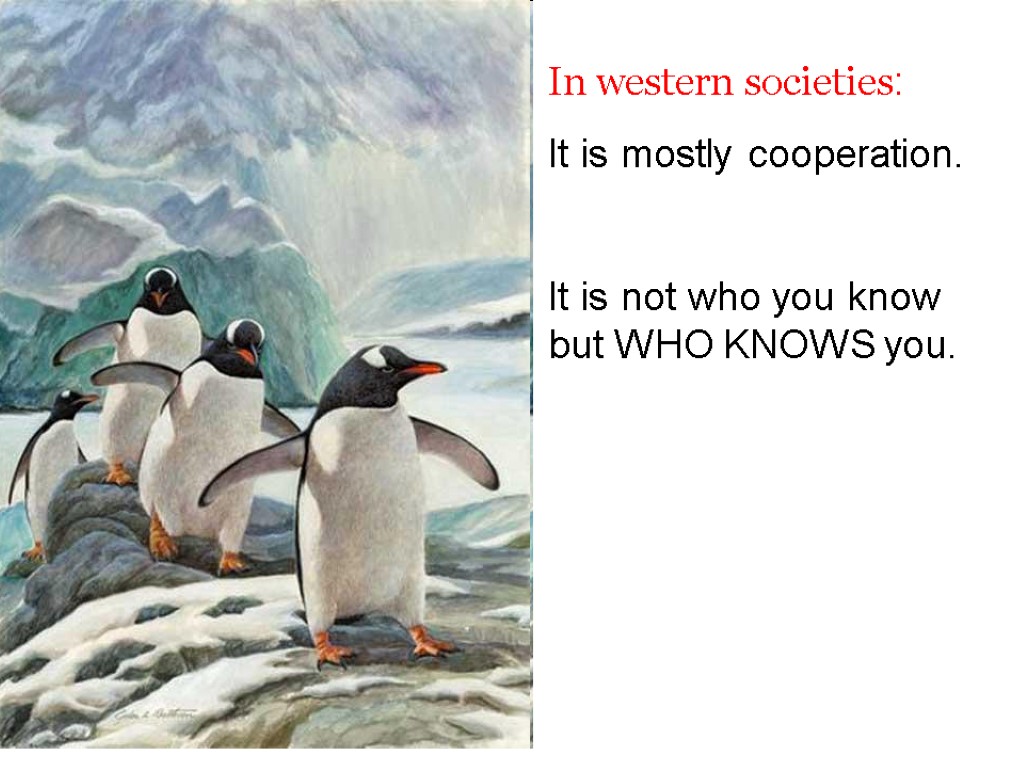 In western societies: It is mostly cooperation. It is not who you know but